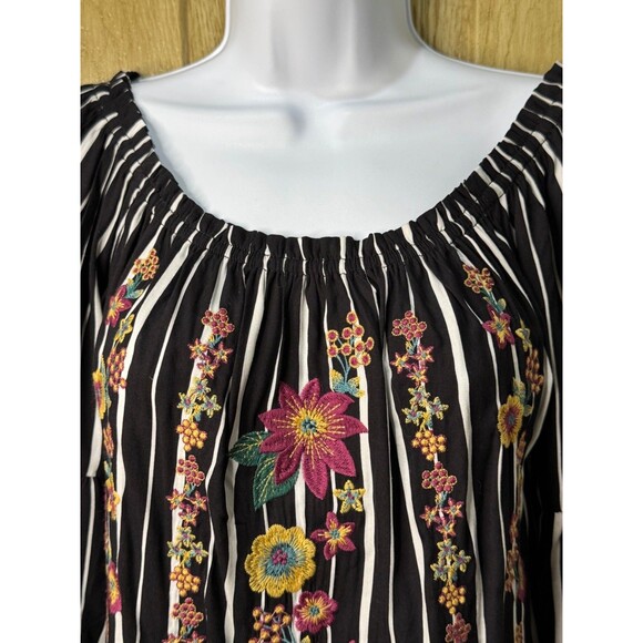 Savanna Jane Womens S Tunic Floral Embroidered Black White Striped Boho - Picture 3 of 7